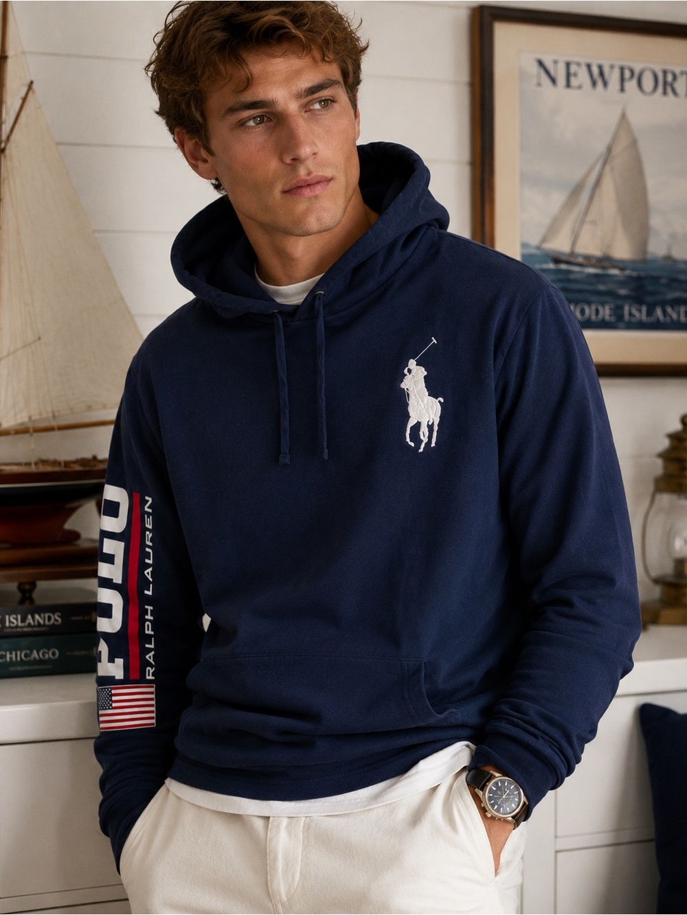 Polo by Ralph Lauren Navy Hoodie with White Polo Player Logo and Sleeve Graphics